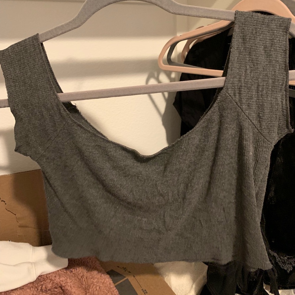 grey crop off the shoulder top